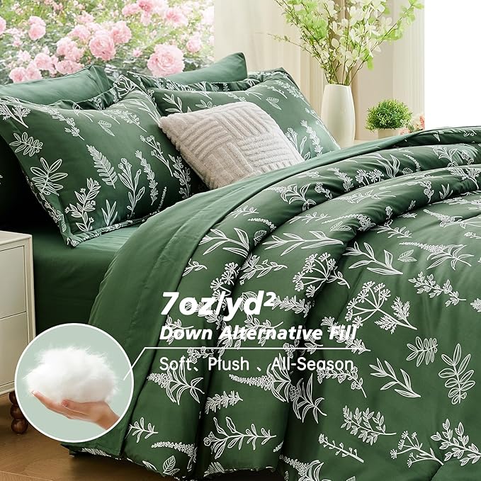 MUXHOMO Dark Green Twin Comforter Set, Elegant Floral Print Bed in a Bag 5 Pieces, Ultra Soft & Breathable Reversible Botanical Pattern Bedding Set with Comforter, Sheets, Pillowcase, and Sham