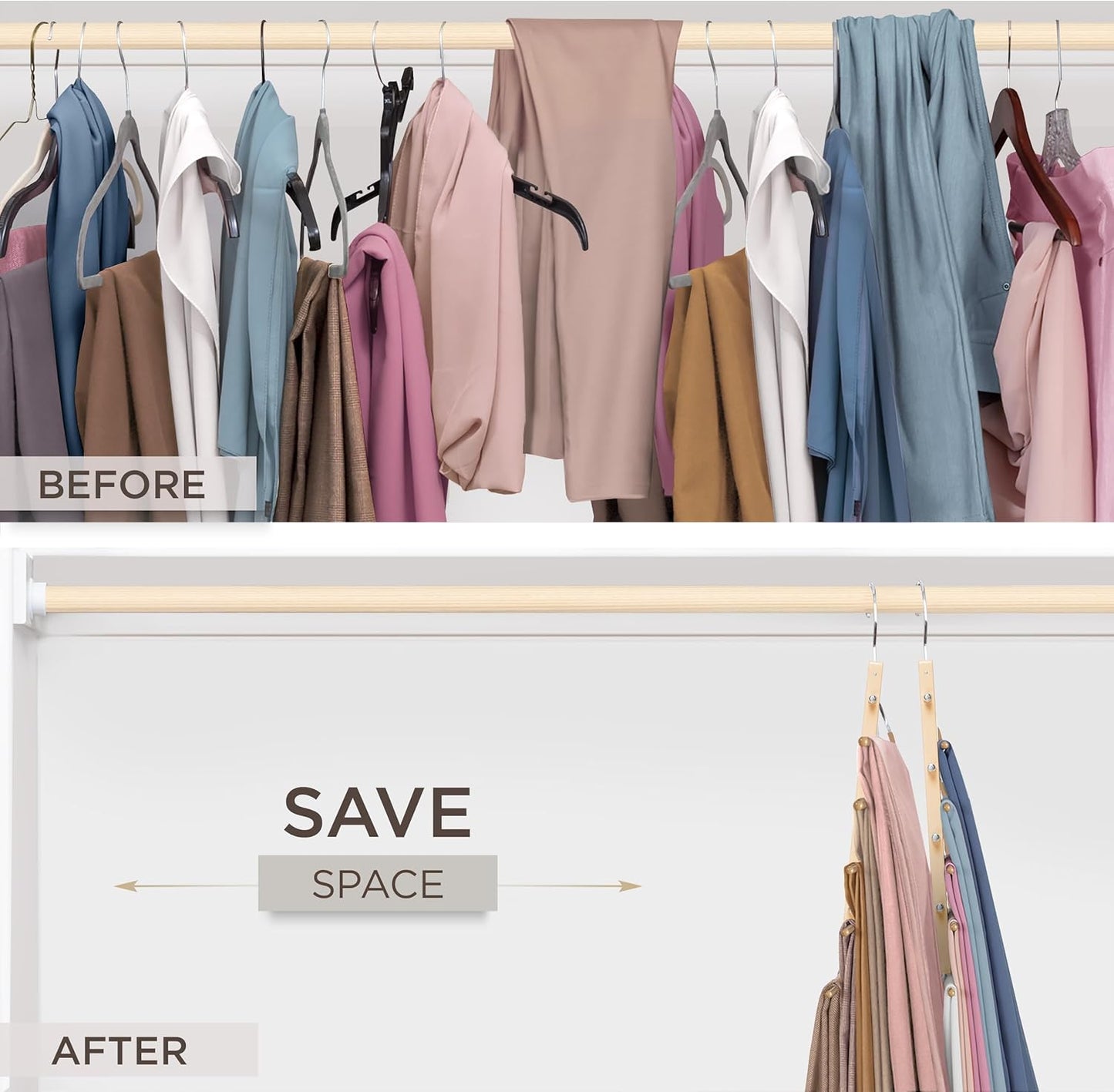 MORALVE Pants Hangers Space Saving - 2 Pack European Beechwood Scarf and Jean Hangers - Closet Organizer and Space Saver Pant Rack, Leggings Hanger, and Scarf Holder with 360° Swivel Hook - NestledHome