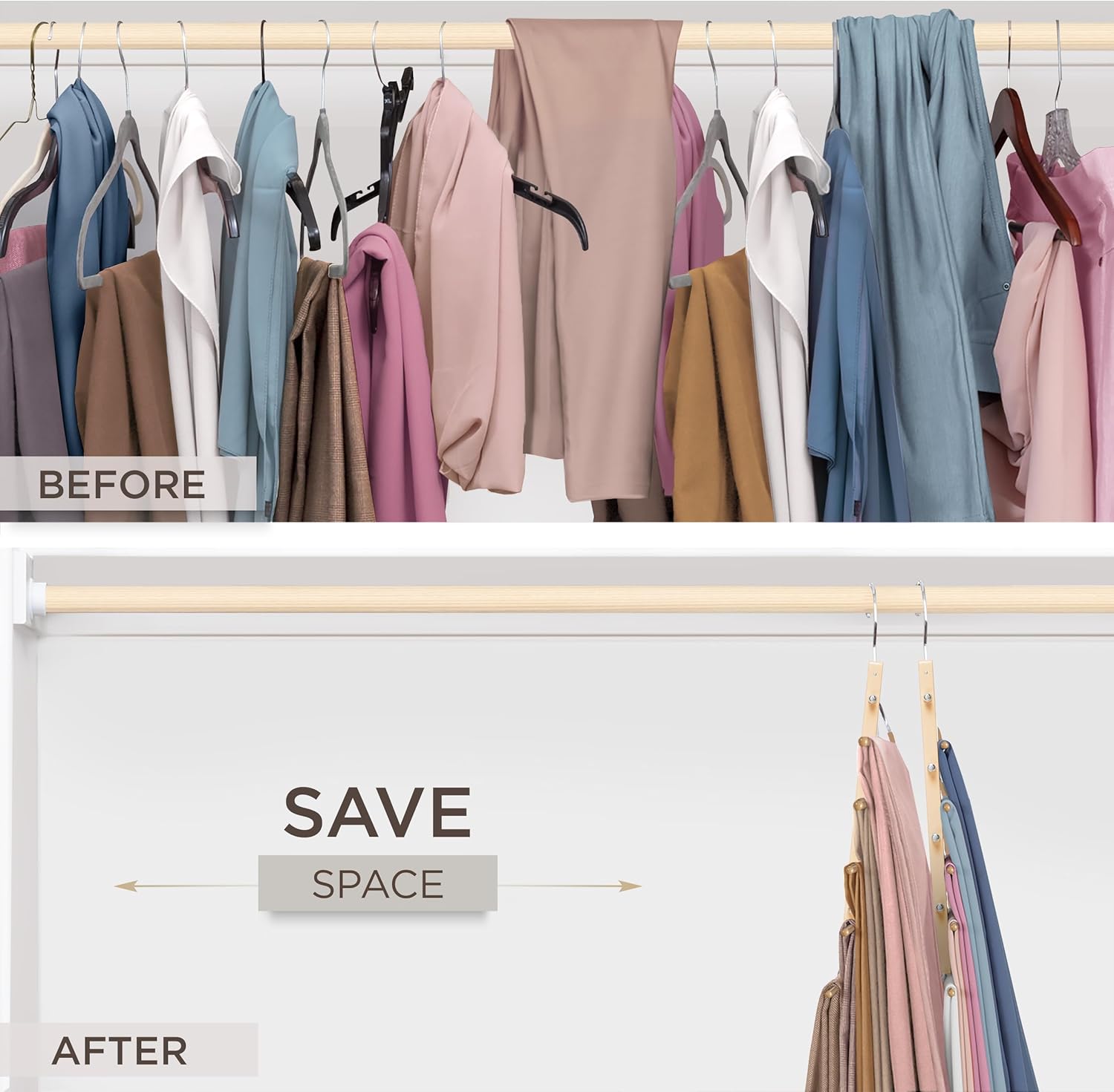 MORALVE Pants Hangers Space Saving - 2 Pack European Beechwood Scarf and Jean Hangers - Closet Organizer and Space Saver Pant Rack, Leggings Hanger, and Scarf Holder with 360° Swivel Hook - NestledHome