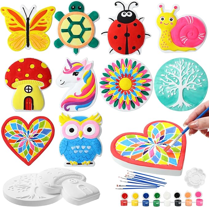 RoundFunny 10 Pack Spring Flower Paint Your Own Stones for Adult DIY Ceramic Butterfly Turtle Ladybug Stepping Stones Painting Craft Kits Painting Supplies Garden Outdoor Stone Art Gifts