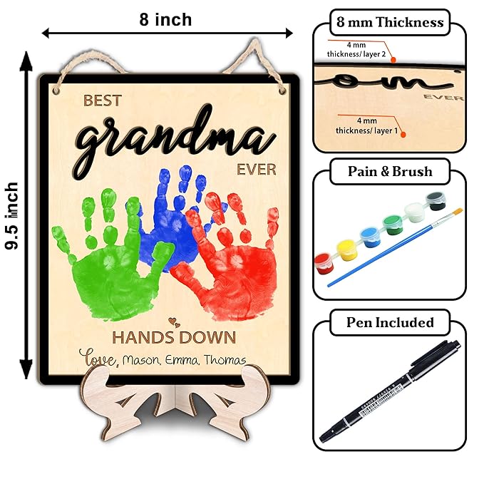 Grandma Handprint Art Sign, DIY Mothers Day Handprint Plaque and Keychain Set, Family Handprints Sign, Birthday Mother's Day Gifts for Grandmother, Keepsake Memory, Best Grandma Ever Hands Down