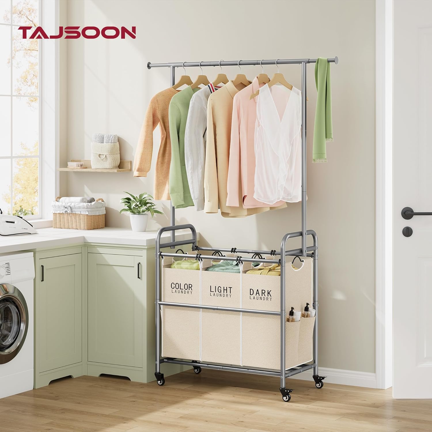 Tajsoon Laundry Hamper with Hanging Rack, 3 Section Laundry Sorter with Heavy Duty Lockable Wheels, Laundry Basket Organizer for Dirty Clothes Storage, 3 Beige - NestledHome