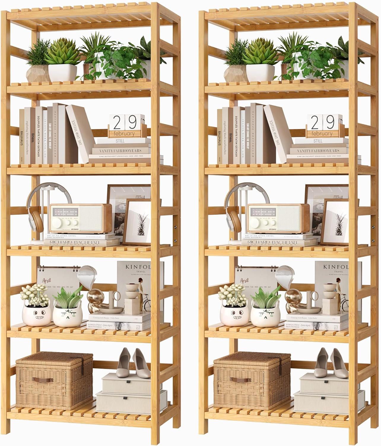 FOTOSOK 6-Tier Bamboo Shelf Set of 2, Bamboo Bookcase with Adjustable Shelves, Free Standing Storage Shelf Unit and Plant Flower Stand, Tall Large Bookshelf for Kitchen, Bathroom, Home Office, Natural - NestledHome