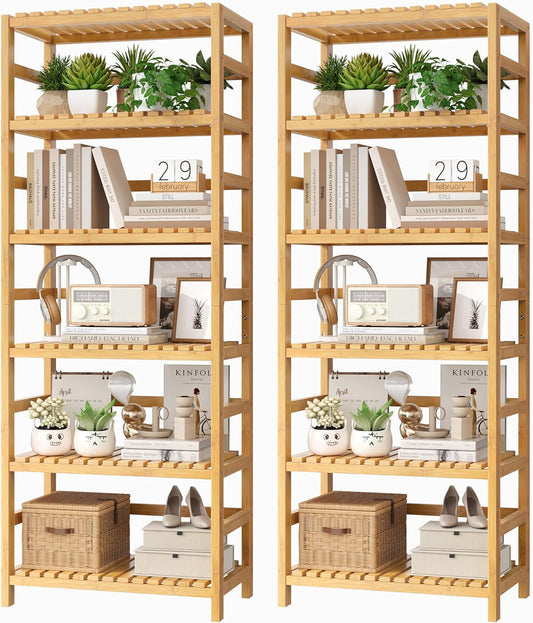 FOTOSOK 6-Tier Bamboo Shelf Set of 2, Bamboo Bookcase with Adjustable Shelves, Free Standing Storage Shelf Unit and Plant Flower Stand, Tall Large Bookshelf for Kitchen, Bathroom, Home Office, Natural - NestledHome
