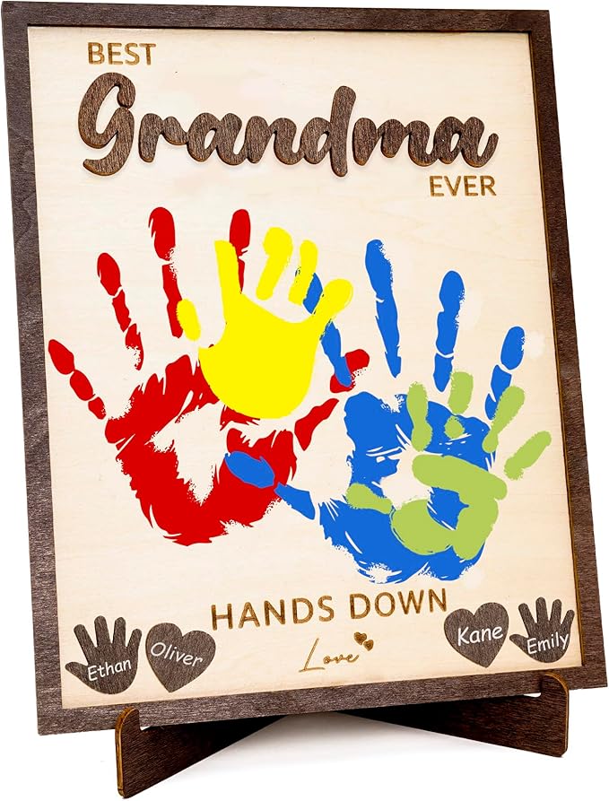 10" Display Size Best Grandma Ever Hands Down Sign – Gift for Grand ma for Birthday, Valentines, Grandparents day,Gifts for Grandma from Granddaughter, Grandson - Grandparent's Day Handprint Gift from Kids, Personalized Wooden Desk Sign for Grandma