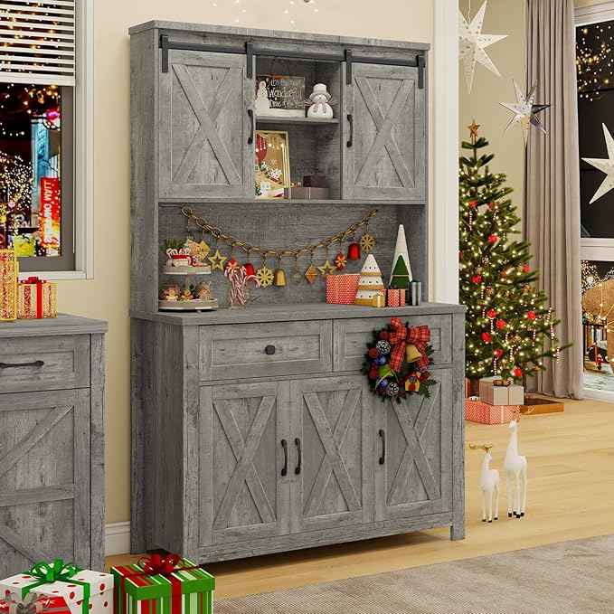 Vabches 67.7 Inch Farmhouse Pantry Storage Cabinet with Sliding Barn Doors, 2 Drawer Farmhouse Coffee Cabinet with Adjustable Shelf, Side Board with Buffet Cupboard for Kitchen, Livingroom.Gray