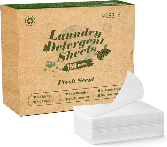 Poesie Laundry Detergent Sheets Fresh Scent 160 Count Clear Non-Plastic Hypoallergenic Liquid Less Sheets for Home Dorm Travel Camping & Hand Washing Clean No Waste - NestledHome