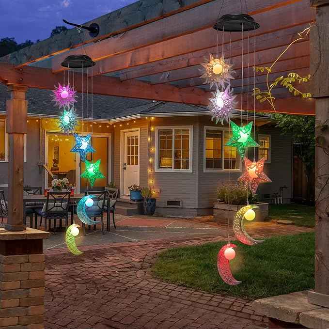 Tryme Solar Wind Chimes with Sun Moon Star Color Changing Windchimes, Outdoor Hanging Lights, Garden Decor Gifts for Mom, Grandma, Wife, Neighbors