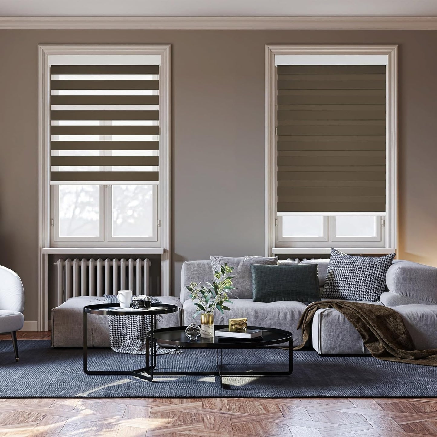 HESTIA Cordless Zebra Blinds Light Filtering Roller Shades UV Blocking Blackout Privacy Indoor Window Shades for Home Office Day and Night, Brown,26" W x 48" H