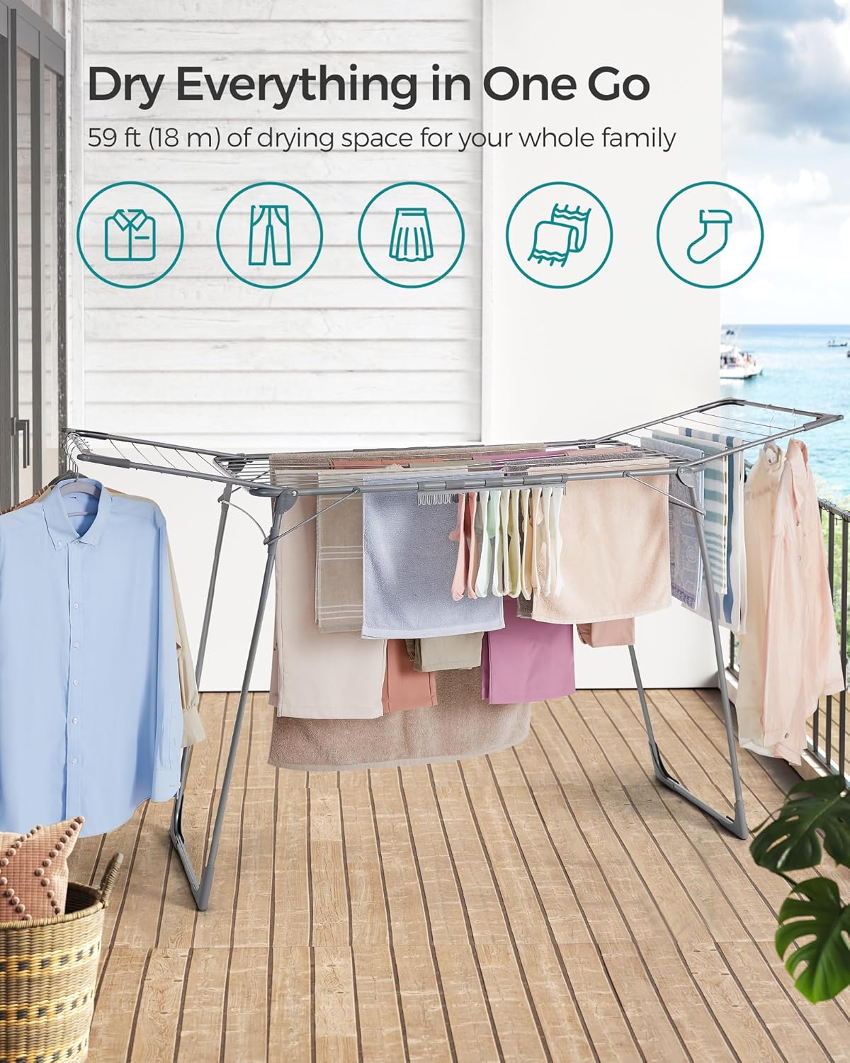 SONGMICS Clothes Drying Rack Foldable, Gullwing Laundry Drying Rack, Space-Saving, 22.2 x 68.1 x 38 Inches, Sock Clips, Metal Structure, for Clothes, Towels, Linens, Indoor, Outdoor Gray ULLR518G01 - NestledHome