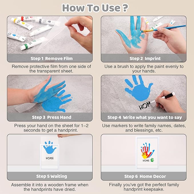 Family Handprint Kit, DIY Craft Keepsake Wooden Frame, Personalized Hand Print Ornament, Family Gifts for New Parents, Grandma and Grandpa, Mother's Day Father's Day, 6 Safe & Non-Toxic Paint