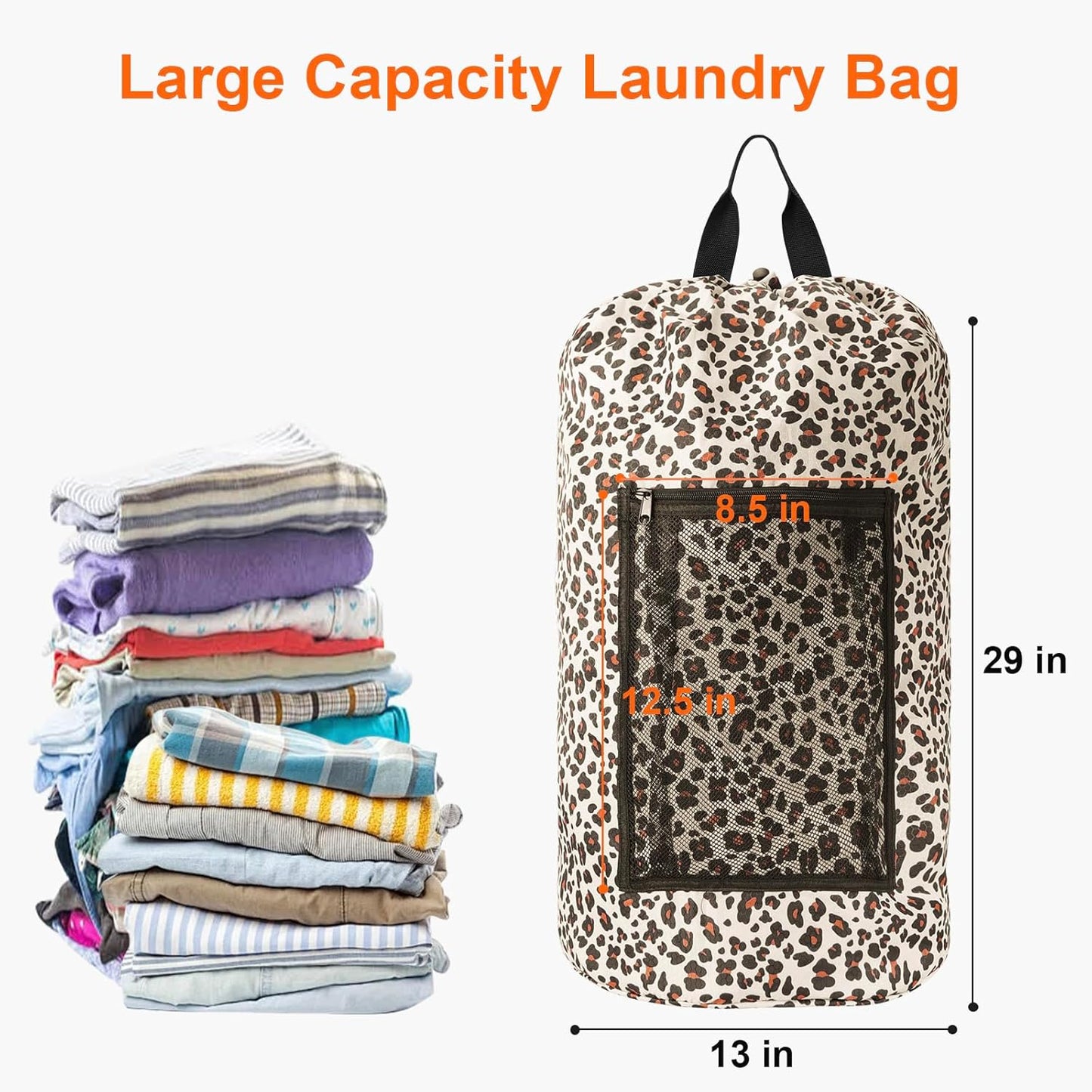 Laundry Bag Backpack Durable Laundry Bag with Shoulder Straps and Mesh Pockets Portable Laundry Dirty Clothes Hamper Bag for College Dorm (Leopard Print) - NestledHome