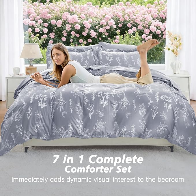 MUXHOMO Light Grey Bed in a Bag Queen 7 Pieces, Queen Comforter Set Reversible Botanical Flowers Design, Ultra Soft & Breathable Bedding Sets with Comforter, Sheets, Pillowcases & Shams