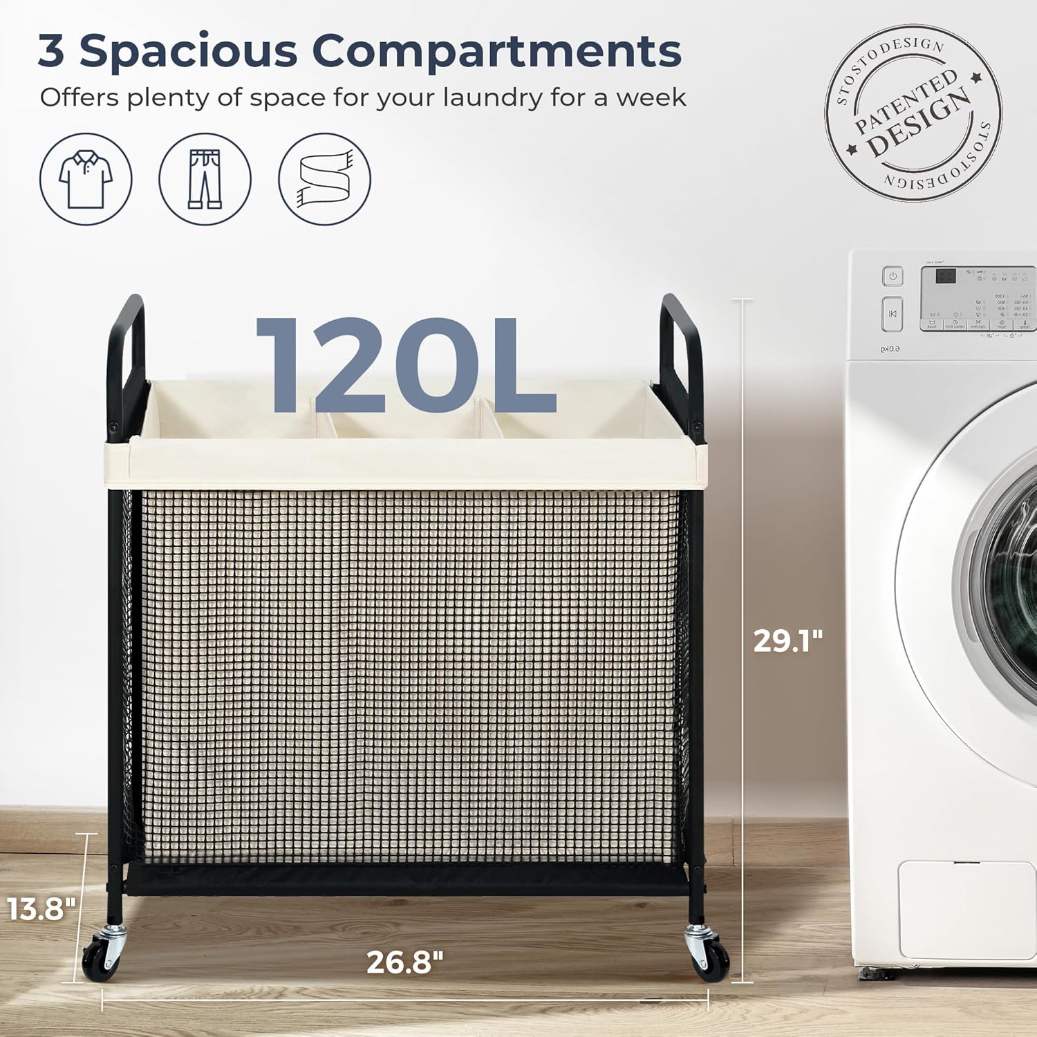 STO STO Laundry Hamper 3 Section, 120L Rolling Laundry Sorter Cart with Removable and Washable Liner Bag, Rolling Clothes Hamper with Metal Handle for Laundry Room and Bedroom - NestledHome
