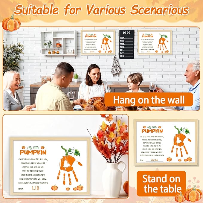 Thanksgiving My Little Pumpkin Poem Handprint Art Craft DIY Kit Thanksgiving DIY Gifts Fall Autumn Pumpkin Handprint Art Keepsake with Wood Frame for Mom Dad Friend Holiday Activities 12x16 Inch