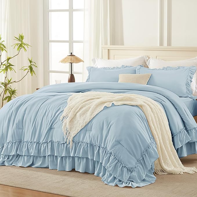 Andency Light Blue Queen Comforter Set (90x90Inch), 3 Pieces Lightweight Fluffy Ruffle Bedding Comforter Sets for Queen Bed, Farmhouse Shabby Chic Soft All Season Bed Set