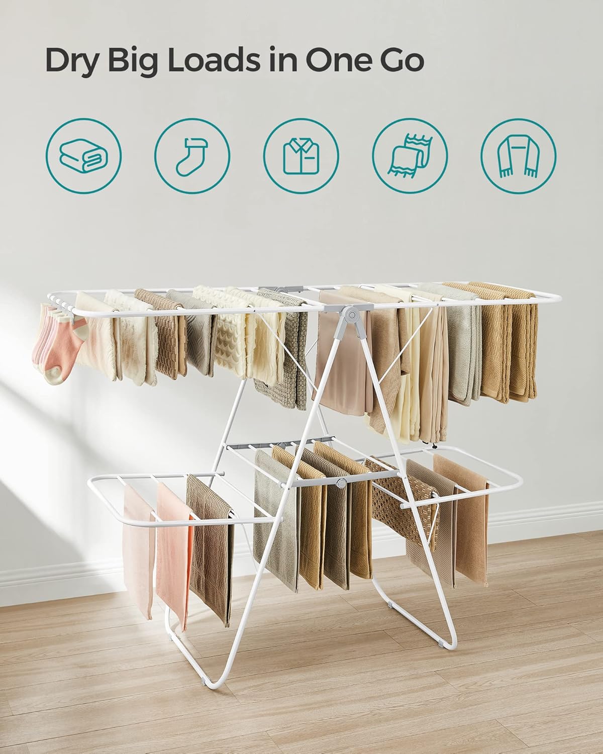 SONGMICS Clothes Drying Rack, Foldable 2-Level Laundry Drying Rack, Free-Standing Laundry Airer, with Height-Adjustable Wings, 33 Drying Rails, Sock Clips, White and Gray ULLR053G01V1 - NestledHome
