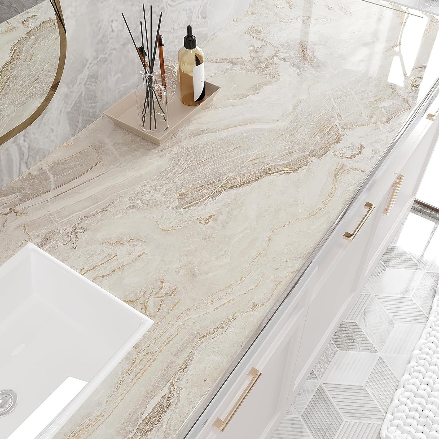 VEELIKE Glossy Beige Gold Marble Contact Paper for Countertops 24''x118'' Wide Peel and Stick Countertops Waterproof Thick Marble Wallpaper Self Adhesive Vinyl Counter Top Wraps for Kitchen Bathroom