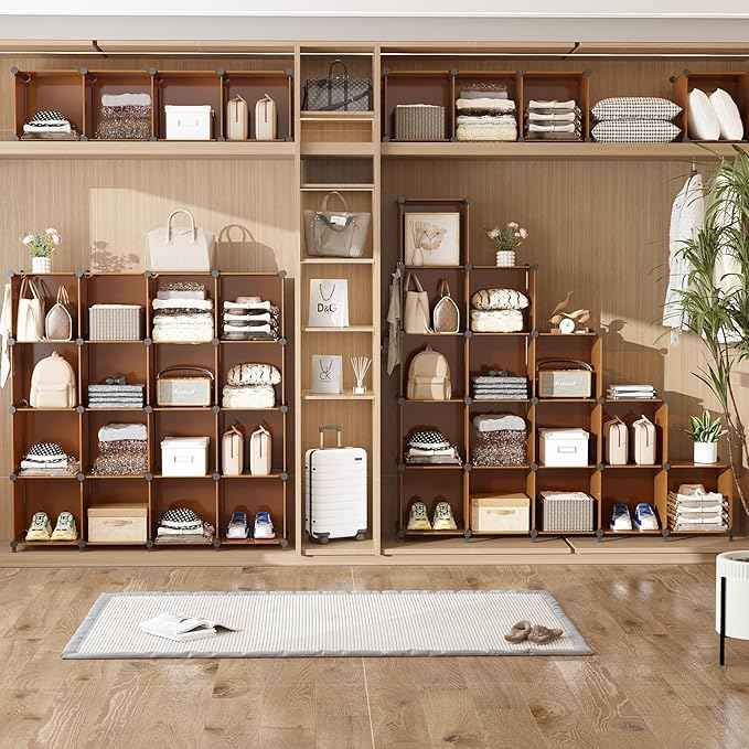 AWTATOS Cube Storage Organizer, Storage Cubes Shelves Bookshelf, 12 Cube Closet Organizers and Storage, DIY Stackable Plastic Clothes Organizer Shelving for Bedroom, Home, Cocoa Brown
