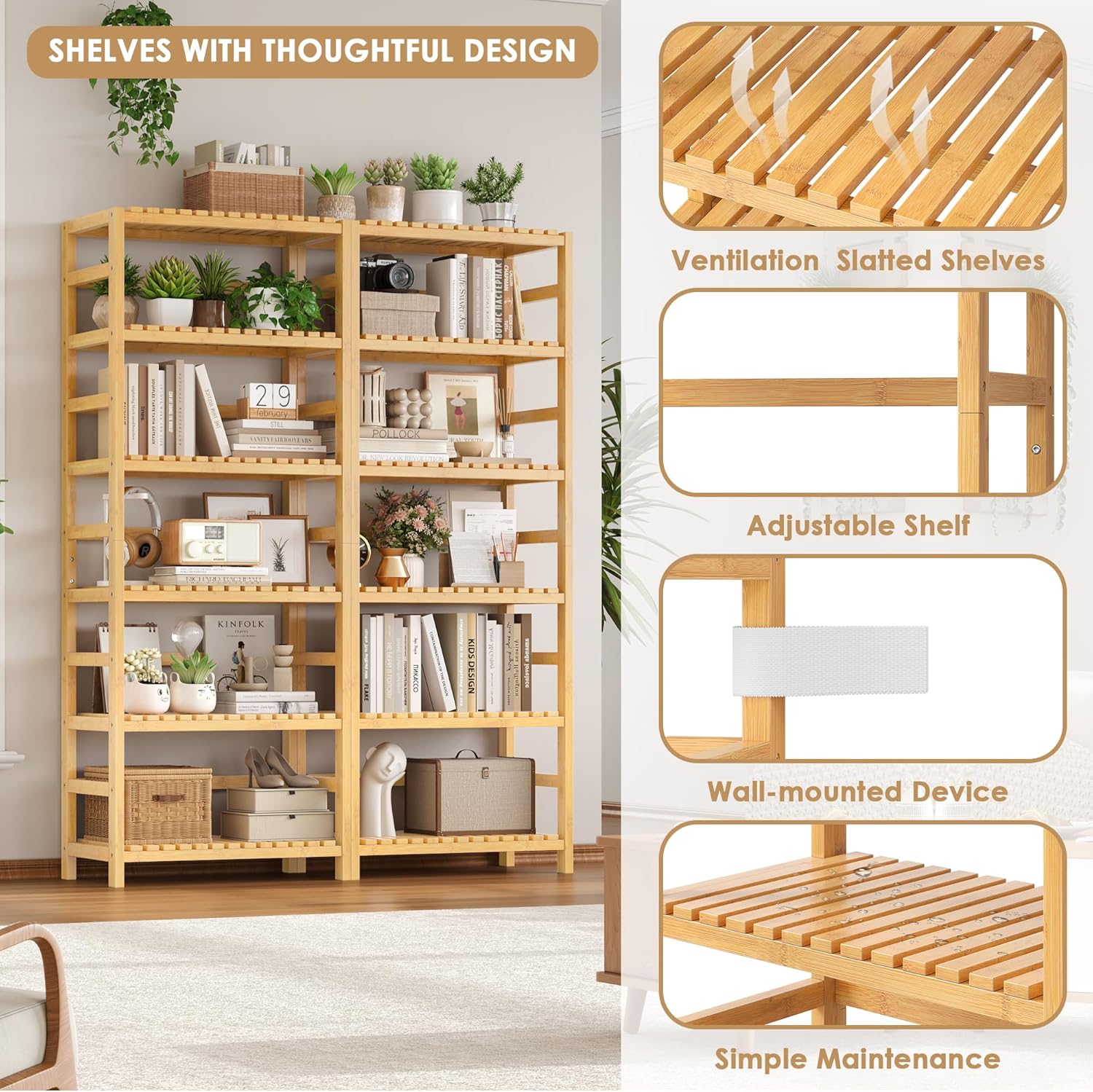 FOTOSOK 6-Tier Bamboo Shelf Set of 2, Bamboo Bookcase with Adjustable Shelves, Free Standing Storage Shelf Unit and Plant Flower Stand, Tall Large Bookshelf for Kitchen, Bathroom, Home Office, Natural - NestledHome