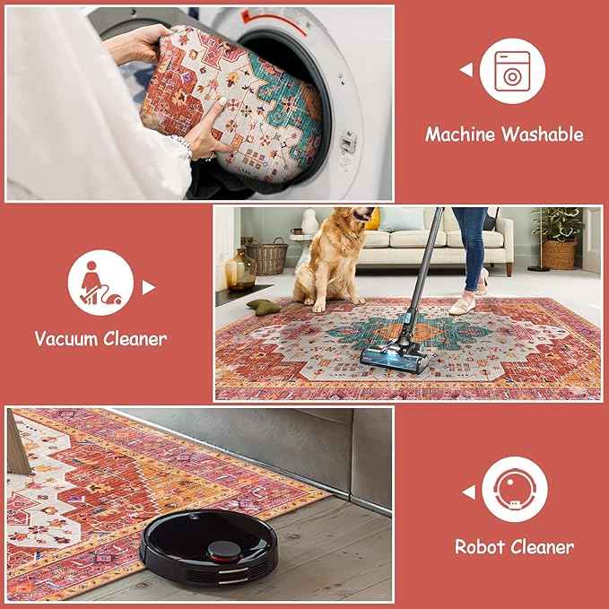 Moynesa Ultra-Thin Washable Area Rug - 4x6 Pink Rugs for Bedroom Girls Vintage Rug for Living Room, Non Slip Non Shedding Low Pile Indoor Throw Carpet for Nursery Office Entryway Kitchen Foyer