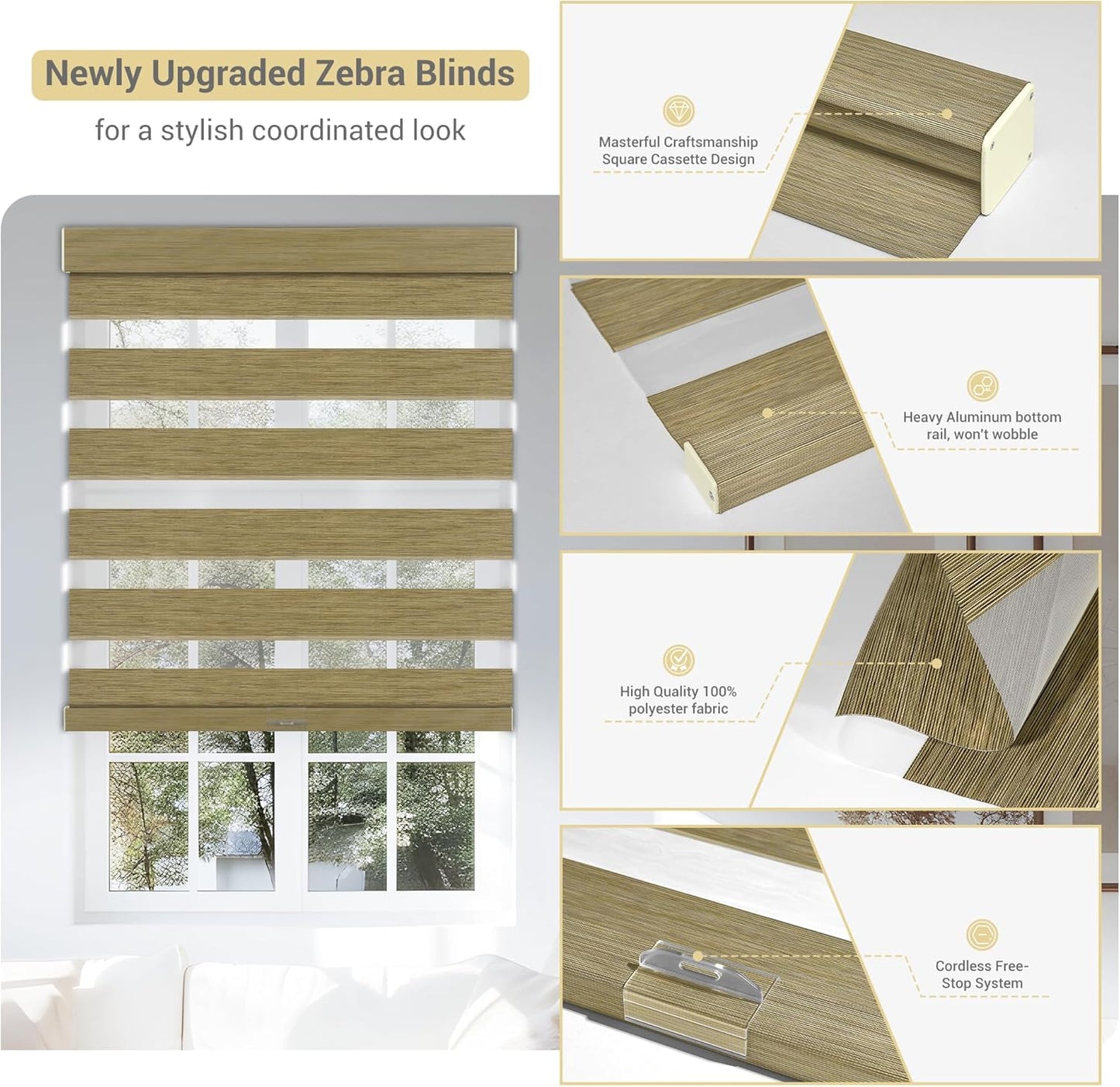 Cordless Zebra Blinds for Windows, Blackout Interior Blinds,Easy to Install,UV Protection,for Offices and Home,Custom Roller Shades, Mousse Light Bown,66" W x 72" H