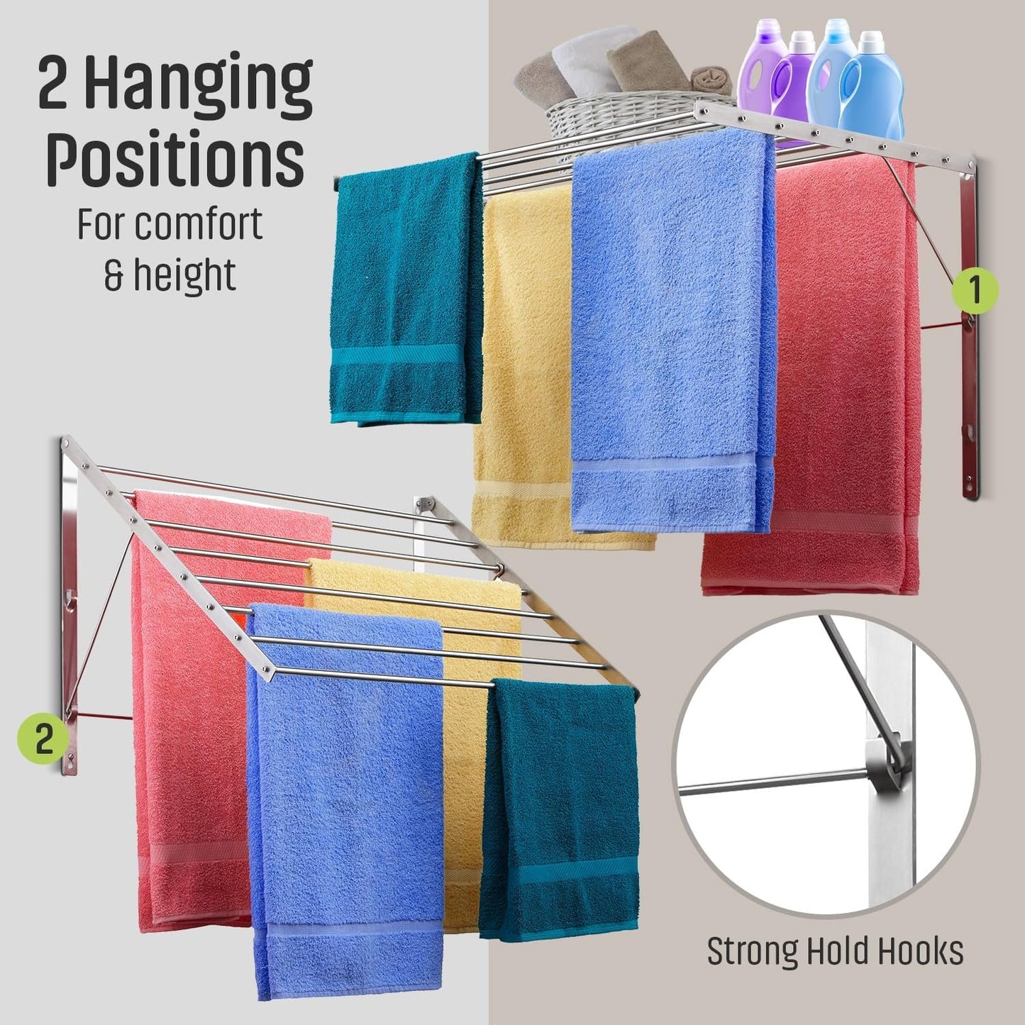 Smartsome | Wall Mounted | Clothes Drying Rack | 30" Wide | 20 Linear Feet Capacity | 8 Smooth Round Stainless Steel Rods | 60 lb Capacity | Fully Assembled | Compact Sturdy Space-Saving Design - NestledHome