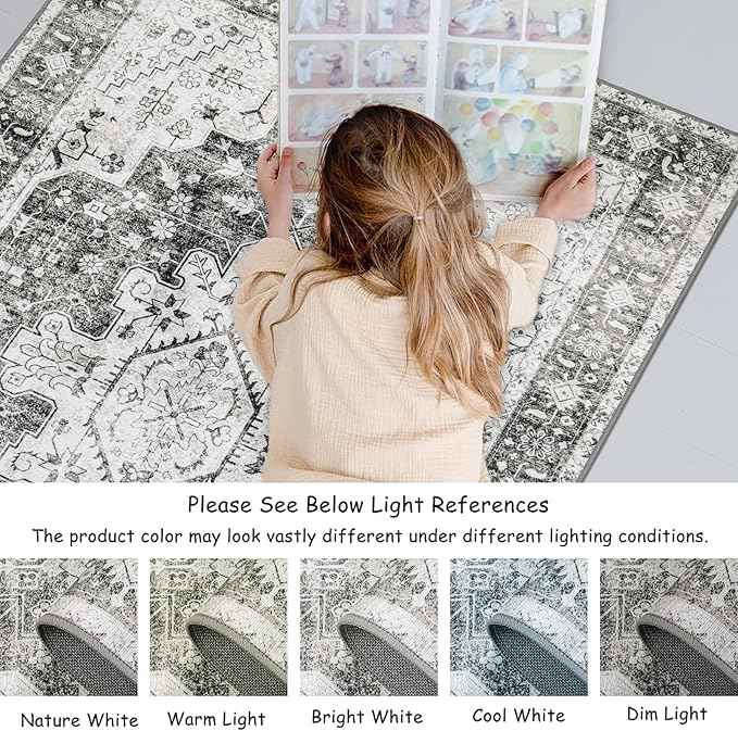 Moynesa Ultra-Thin Washable Area Rug - 5x7 Large Gray Rug for Living Room Vintage Rugs for Bedroom, Non Slip Non Shedding Pet Friendly Dining Room Mat Carpet for Department Office Kitchen
