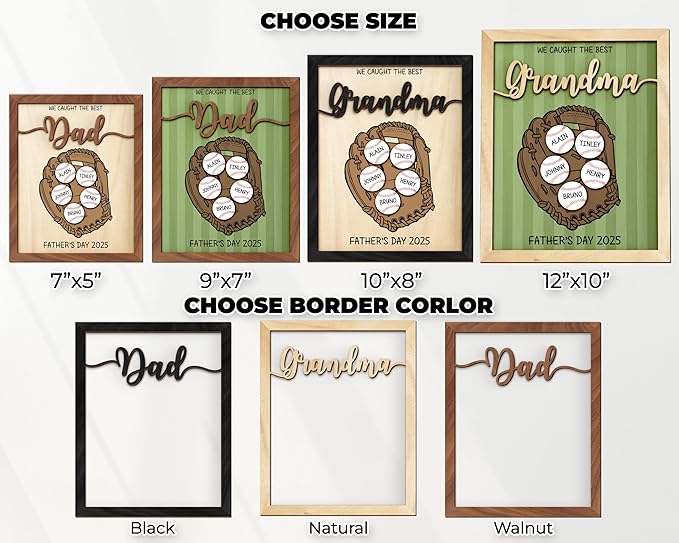 Personalized We Caught the Best Dad Baseball, Gifts Fathers Day from Son, Art Craft Family Keepsake Wood Frame Birthday Softball Gift for Dad Grandpa Daddy Papa, Family Memories Sign with Kids Names
