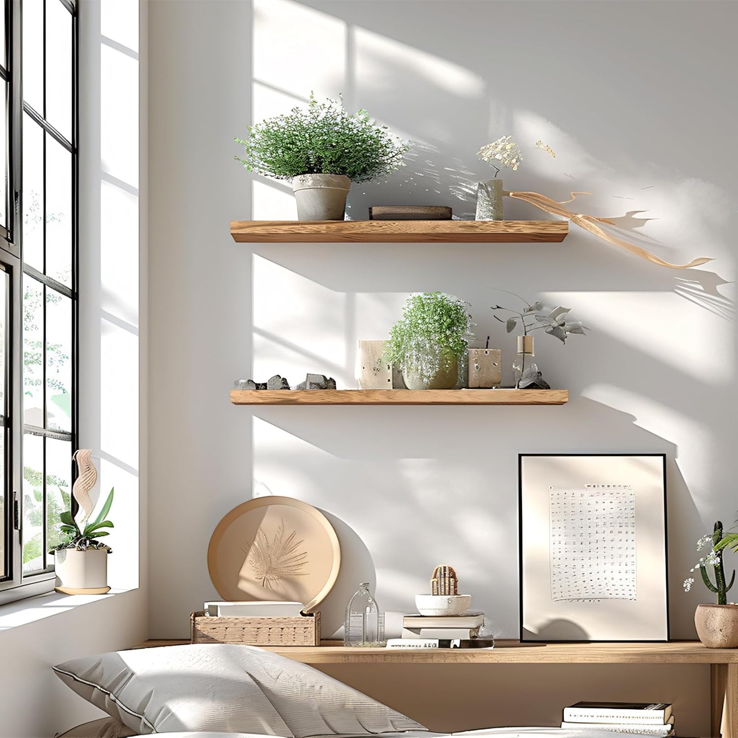 24 Inch Floating Shelves for Wall Rustic Light Wood Wall Shelves for Bedroom Set of 4 - NestledHome