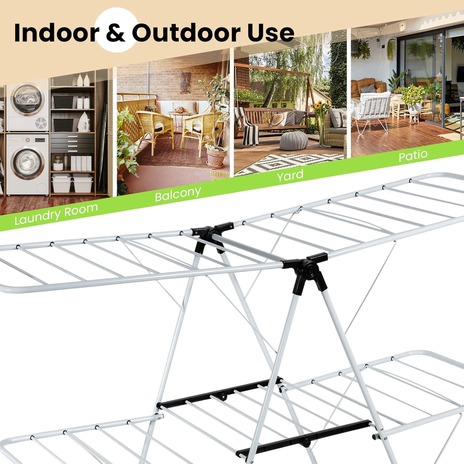 COSTWAY Clothes Drying Rack, Foldable 2-Level Laundry Drying Rack w/Height-Adjustable Wings, 33 Drying Rails & Sock Clips, Standing Large Drying Rack for Clothing, Indoor Outdoor Use - NestledHome
