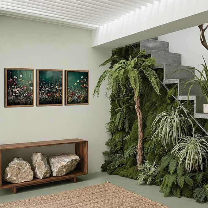 Vintage Wildflower Wall Art Set of 3, Moody Dark Green Flower Botanical Wall Decor Paintings,Nature Floral Farmhouse Landscape Posters Prints Pictures for Living Room Bedroom 16x24 Inch Wood Framed