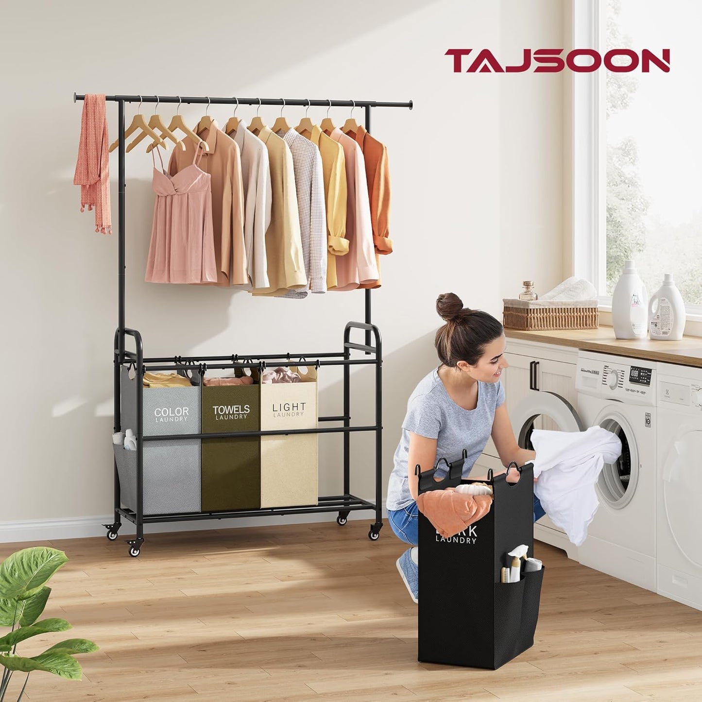 Tajsoon Laundry Sorter Cart with Hanging Clothes Rack, 4 Butler Sorter Basket Organizer, Laundry Hamper Cart with Heavy Duty Rolling Lockable Wheels, 4 Colors - NestledHome