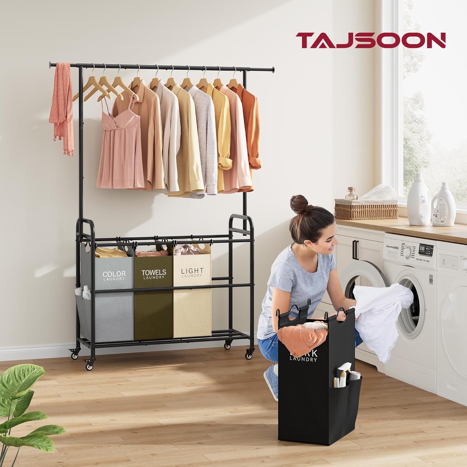 Tajsoon Laundry Sorter Cart with Hanging Clothes Rack, 4 Butler Sorter Basket Organizer, Laundry Hamper Cart with Heavy Duty Rolling Lockable Wheels, 4 Colors - NestledHome