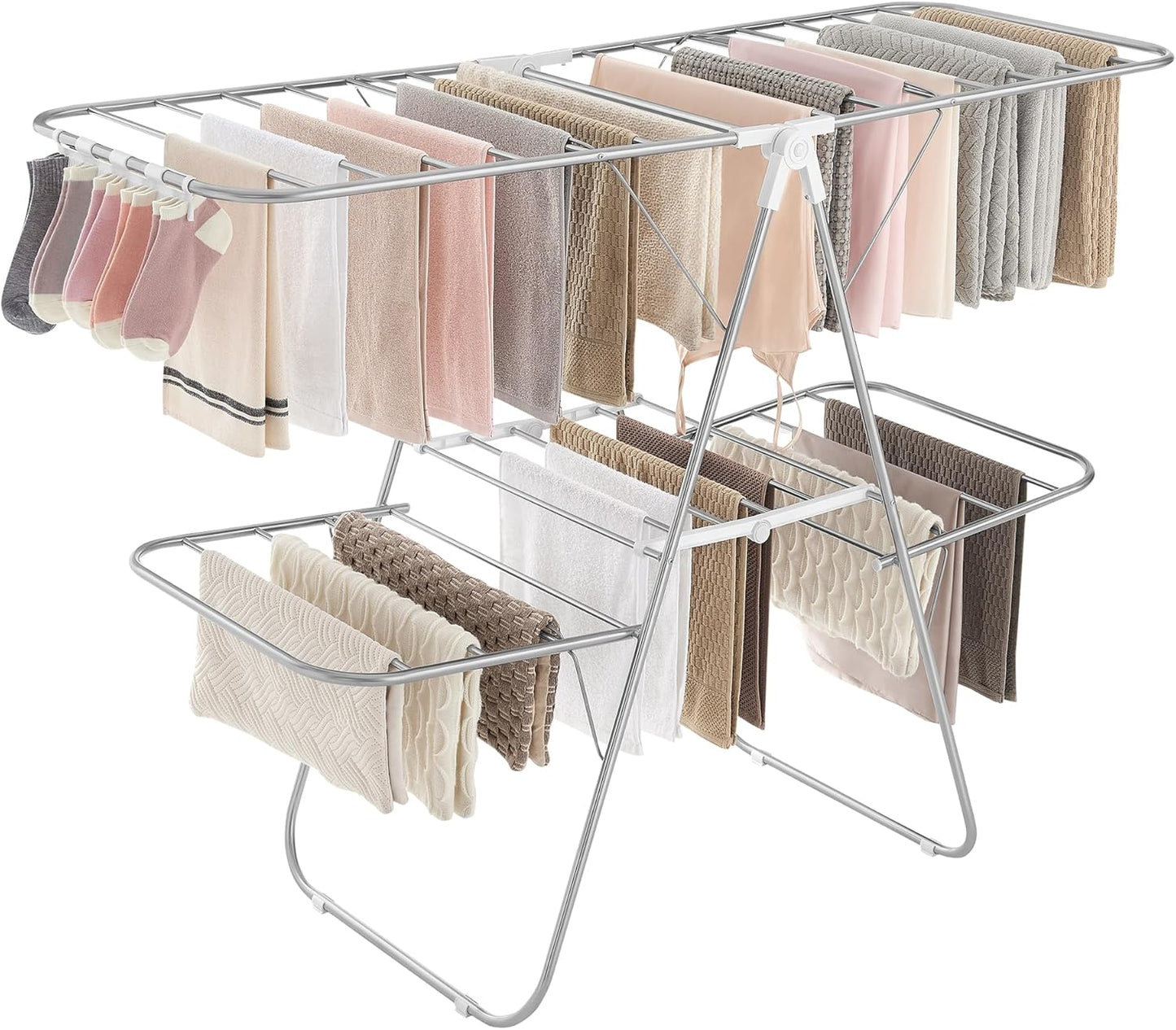 SONGMICS Clothes Drying Rack, Foldable 2-Level Laundry Drying Rack, Free-Standing Laundry Airer, with Height-Adjustable Wings, 33 Drying Rails, Sock Clips, Silver and White ULLR053W01V1 - NestledHome