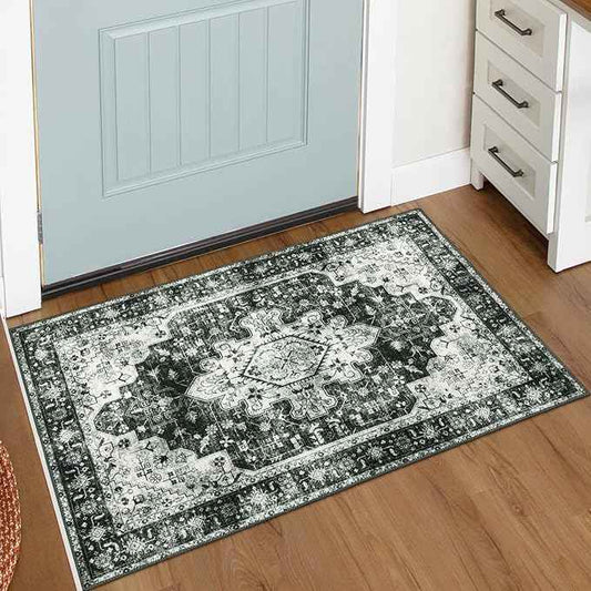 Moynesa Washable 2x3 Entryway Rug Small Front Door Mat, Black and White Kitchen Rugs Non Skid Non-Slip with Rubber Backing, Distressed Low Pile Throw Carpet for Indoor Outside Entrance