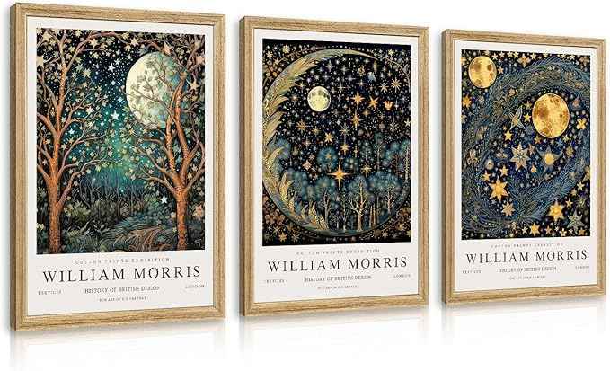 Hianan William Morris Canvas Wall Art, Vintage Gold Moon Stars Poster Prints, Many Dreamlike Stars Wall Decor, Retro Botanical Aesthetic Picture for Bedroom Living Room Office Wood Framed 12"x16"x3