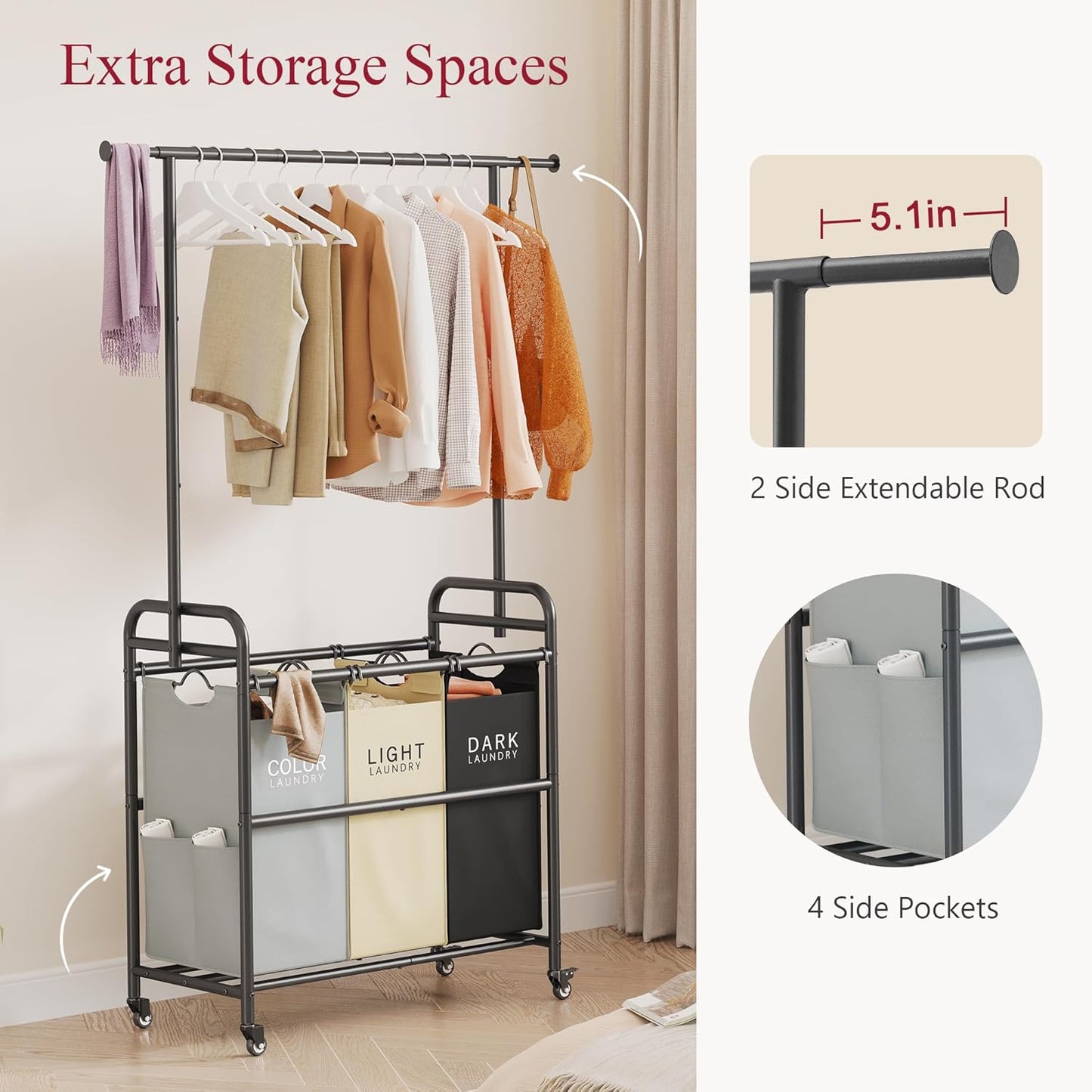 Tajsoon Laundry Sorter Cart with Hanging Clothes Rack, 3 Butler Sorter Basket Organizer, Laundry Hamper Cart with Heavy Duty Rolling Lockable Wheels, 3 Colors - NestledHome