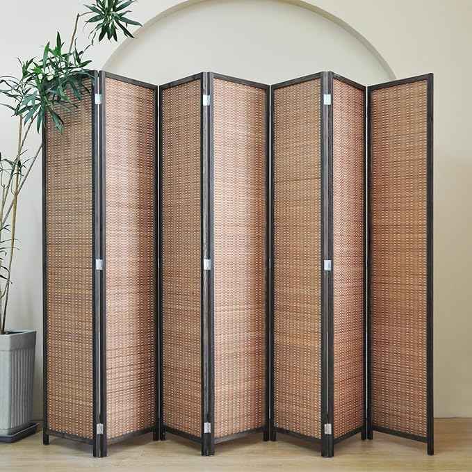 7 Panel Bamboo Room Divider – 5.6 ft Tall Folding Privacy Screen, Natural Brown Freestanding Room Partition Wall (67" H x 107.5" W)
