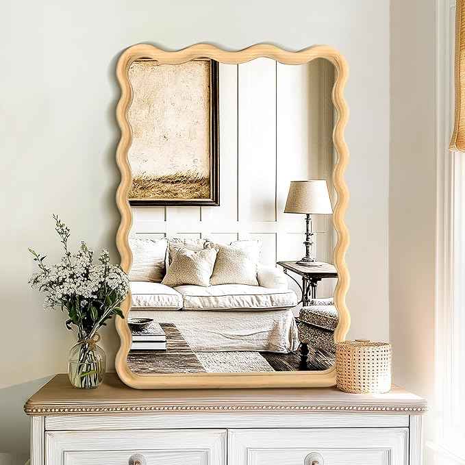 Bathroom Mirror for Wall, 20"x30" Boho Wavy Wood Mirror Large Full Length Decorative Mirror with Tempered Glass, Natural Wooden Frame Vanity Mirror for Bedroom, Living Room, Entryway