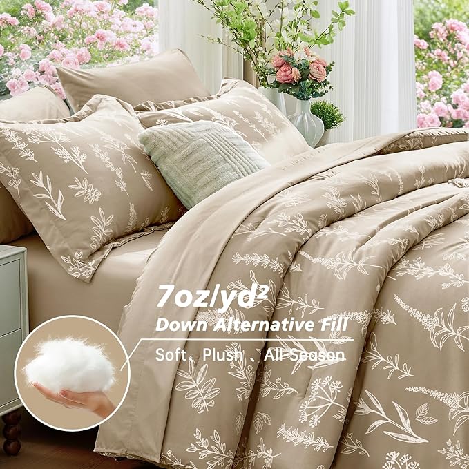 MUXHOMO Taupe Bed in a Bag King 7 Pieces, King Comforter Set Reversible Botanical Flowers Design, Ultra Soft & Breathable Bedding Sets with Comforter, Sheets, Pillowcases & Shams