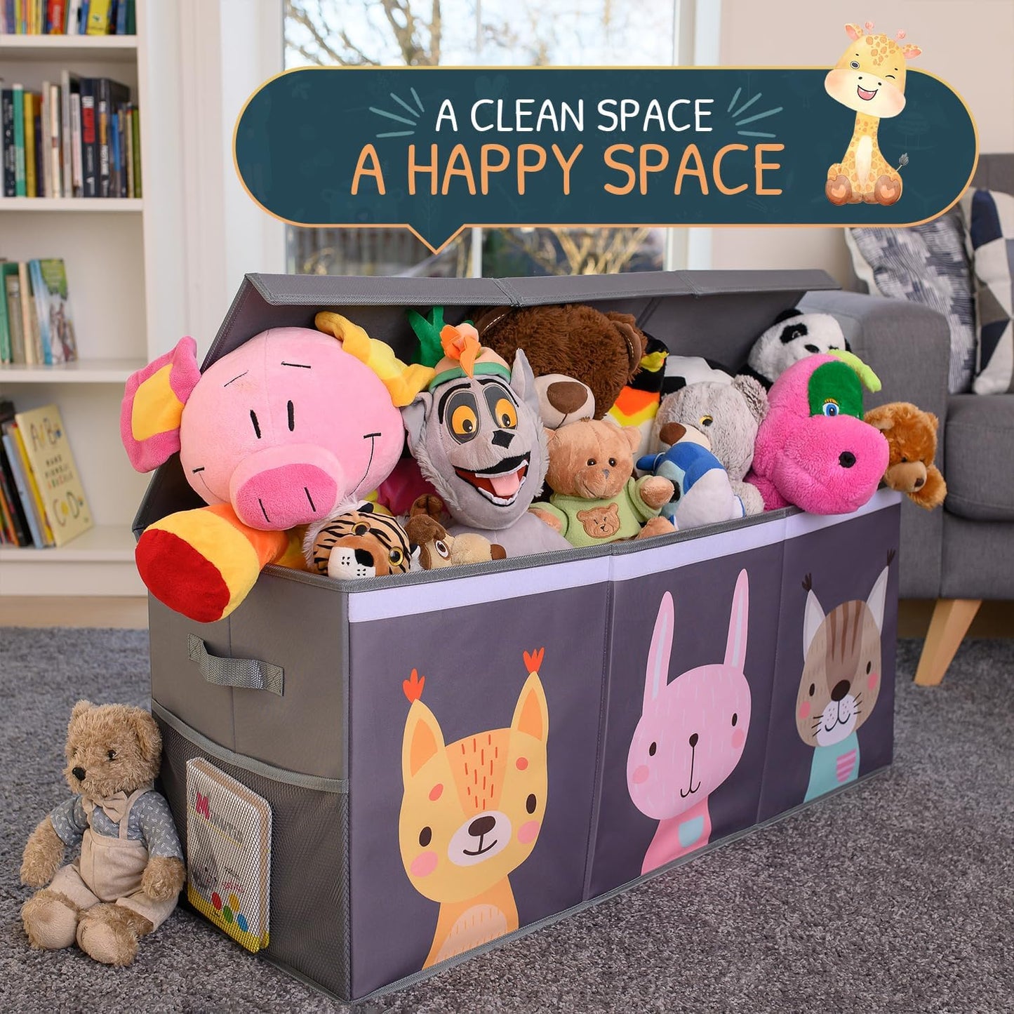 Extra Large Toy Storage Organizer with Lid - Sturdy, Collapsible Toy Chest Storage Box with Cute Design - Toys Bin with Dividers for Kids, Boys, Girls, Nursery, Bedroom, Play room 37"x16"x14" - NestledHome