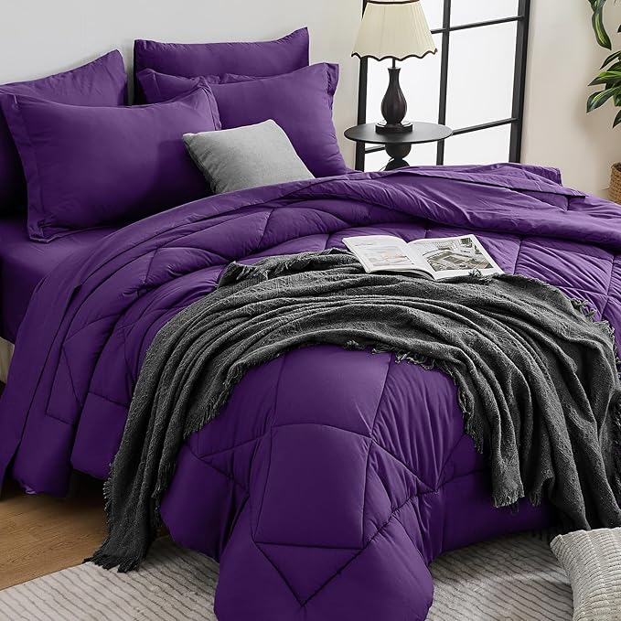 HEVUMYI Purple King Comforter Set - 7-Piece All Season Bed in a Bag King, Ultra Soft Bedding Set with Comforter, Flat Sheet, Fitted Sheet, Pillowcases, Pillow Shams