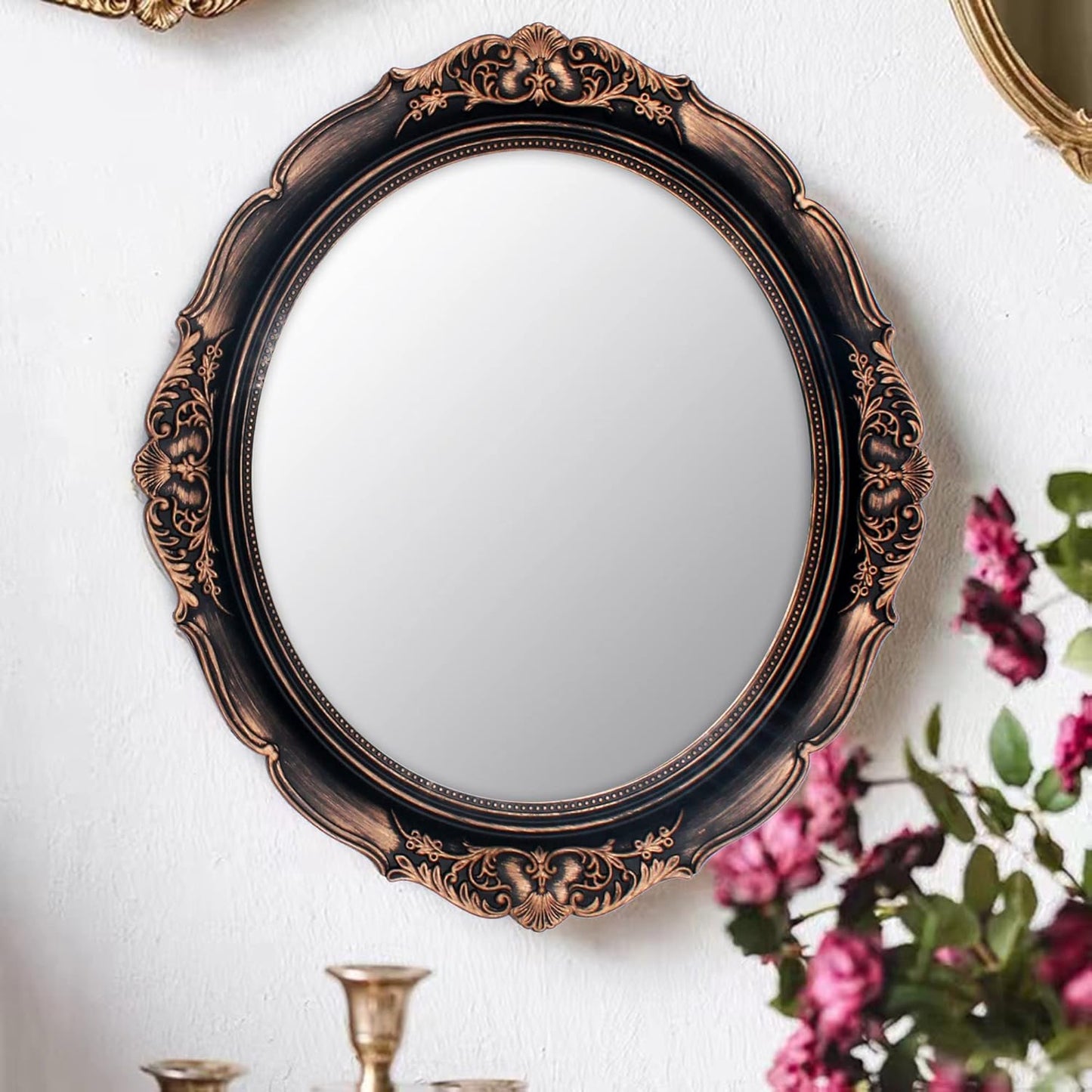 Vintage Decorative Wall Mirror 14.8 x 13.1 Inch Oval Mirror（ Brown）