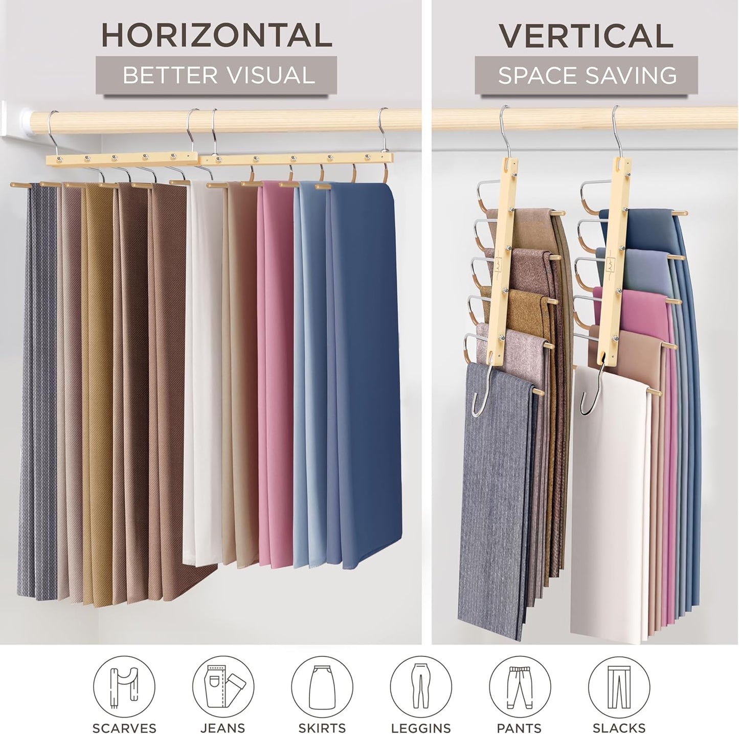 MORALVE Pants Hangers Space Saving - European Beechwood Scarf and Jean Hangers - Closet Organizer and Space Saver Pant Rack, Leggings Hanger, and Scarf Holder with 360° Swivel Hook (1 Pack) - NestledHome