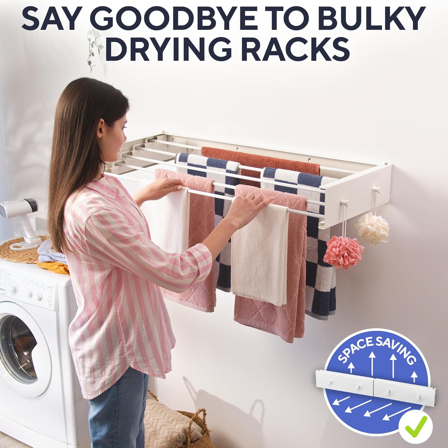 Foldable Wall Mounted Drying Rack 28 inch - Easy to Install Hanging Rack for Laundry Room - Space Saving Design with 55-lb Capacity - Perfect Drying Racks for Clothes Towels & More - NestledHome