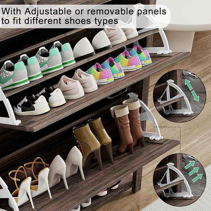 Vabches Shoe Storage Cabinet, Farmhouse Freestanding Organizer with 2 Flip Drawers, Wooden Hidden Narrow Slim Shoe Rack Cabinet for Entryway, Hallway, Foyer, Dark Oak