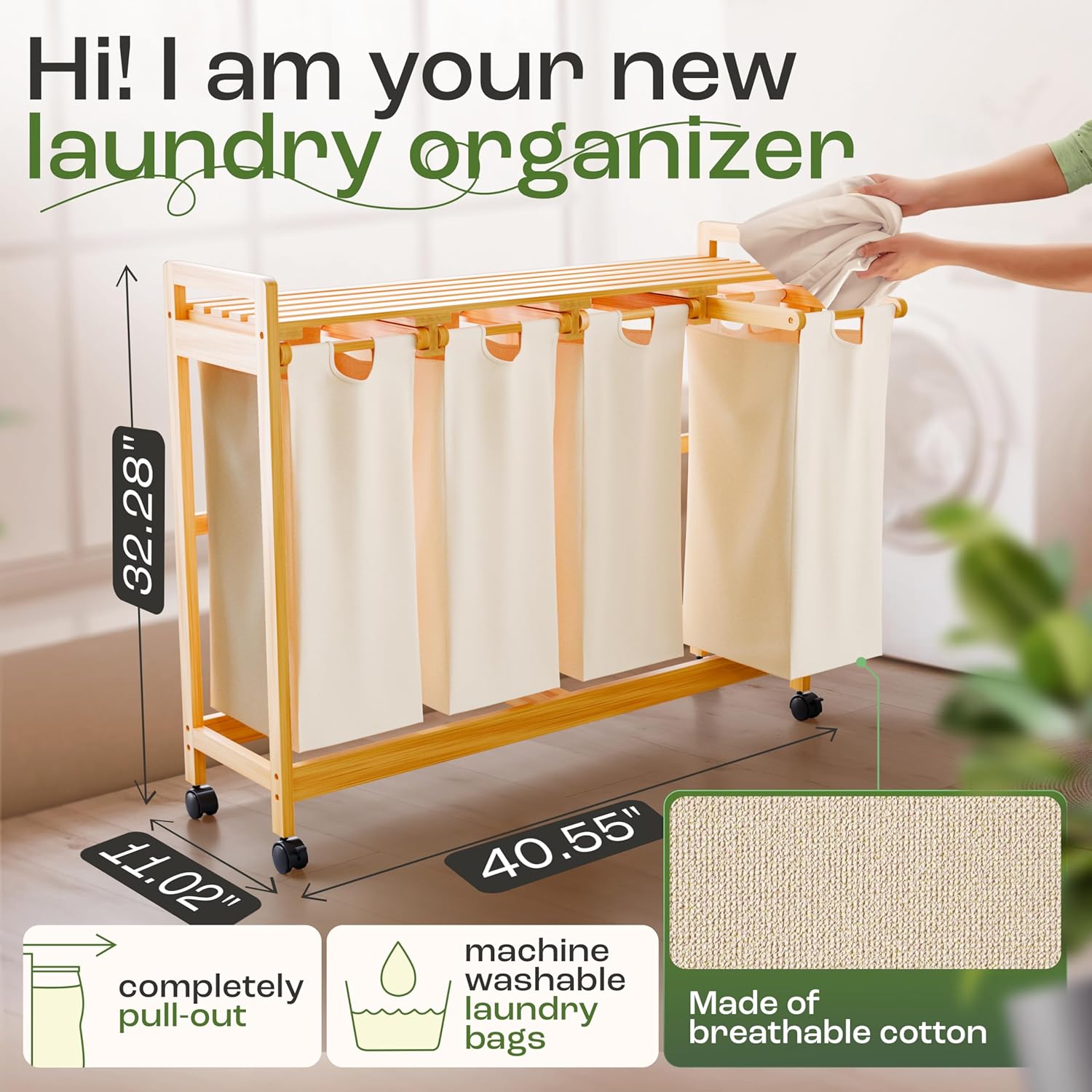 Laundry Sorter with 4 Sections beige, Hamper with Removable Cotton Bags & Wheels – Perfect Laundry Organizer - Eco-Friendly Rolling Laundry Basket – Durable Bamboo and Stylish Design - NestledHome