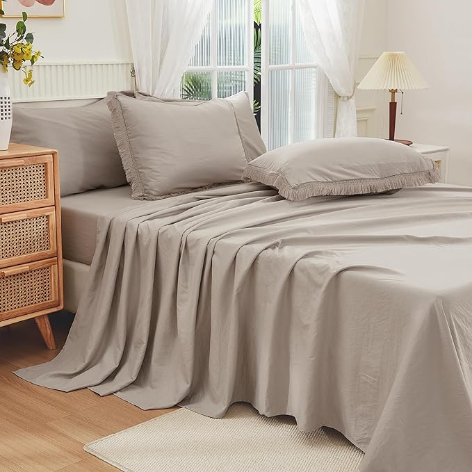 Andency Wheat Full Size Comforter Set with Sheets - 7 Pieces Boho Tassel Bed in a Bag Soft Lightweight Bedding Sets, Wheat Fringe Bed Set with Comforter, Sheets, Pillowcases & Shams