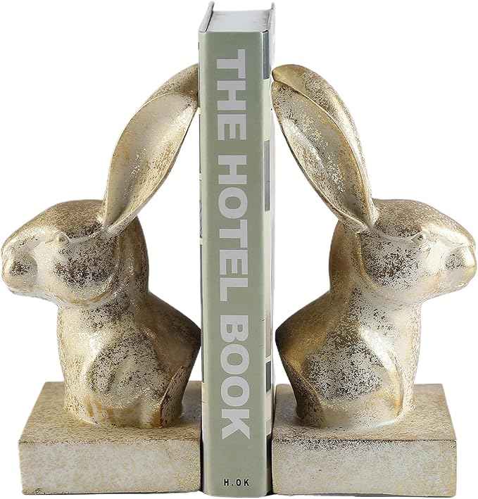 Rabbit Decorative Bookend,1 Pair Cute Bunny Book Ends, Decorative Bookends for Heavy Books, Vintage Shelf Decor,Antique Gold